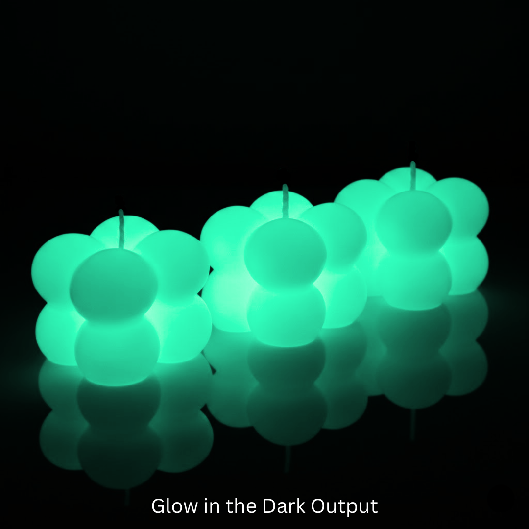 Glowing green bubble candles on a black background with 'Glow in the Dark Output' text.
Sensations Unleashed BDSM Glow in the Dark Wax Play Bubble Candles In India - Set of 3